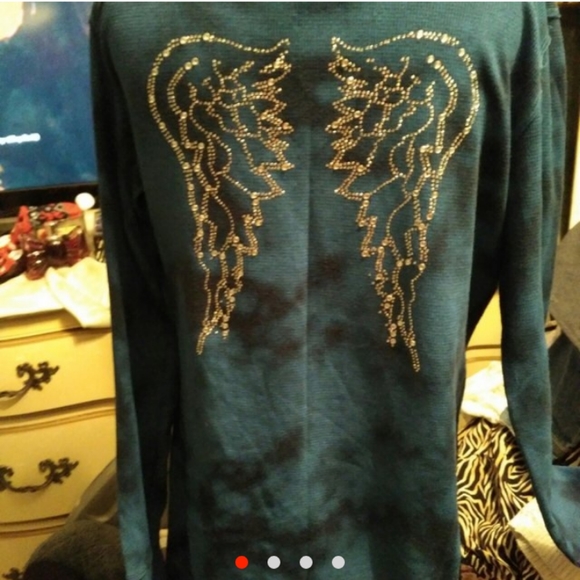 Seven7 Tops - Women's Seven7 blue tie-dyed shirt- crystal wings